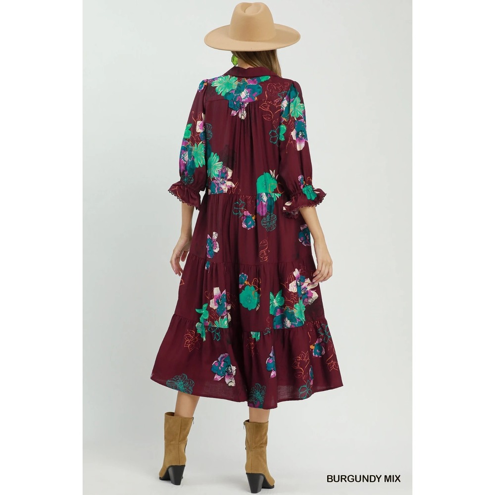 Umgee Floral Print Tiered Midi Dress with Puff Sleeves - Burgundy - Large - Picture 3 of 5